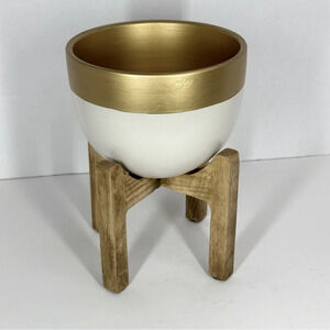 Modern Ceramic Pot Saucer for home or office With with gold with Wood Stand